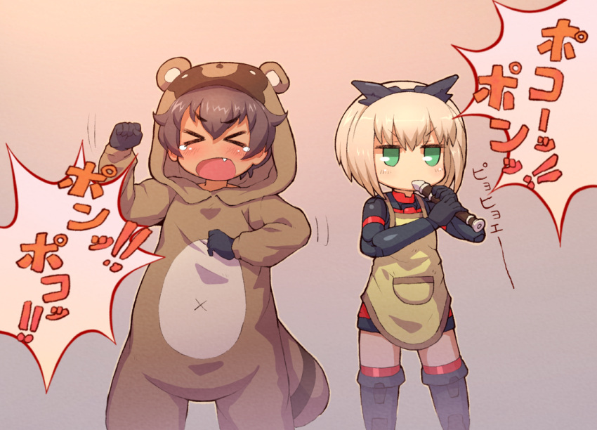 >_<, 2girls, 30_minutes_sisters, apron, bangs, black_footwear, black_gloves, blonde_hair