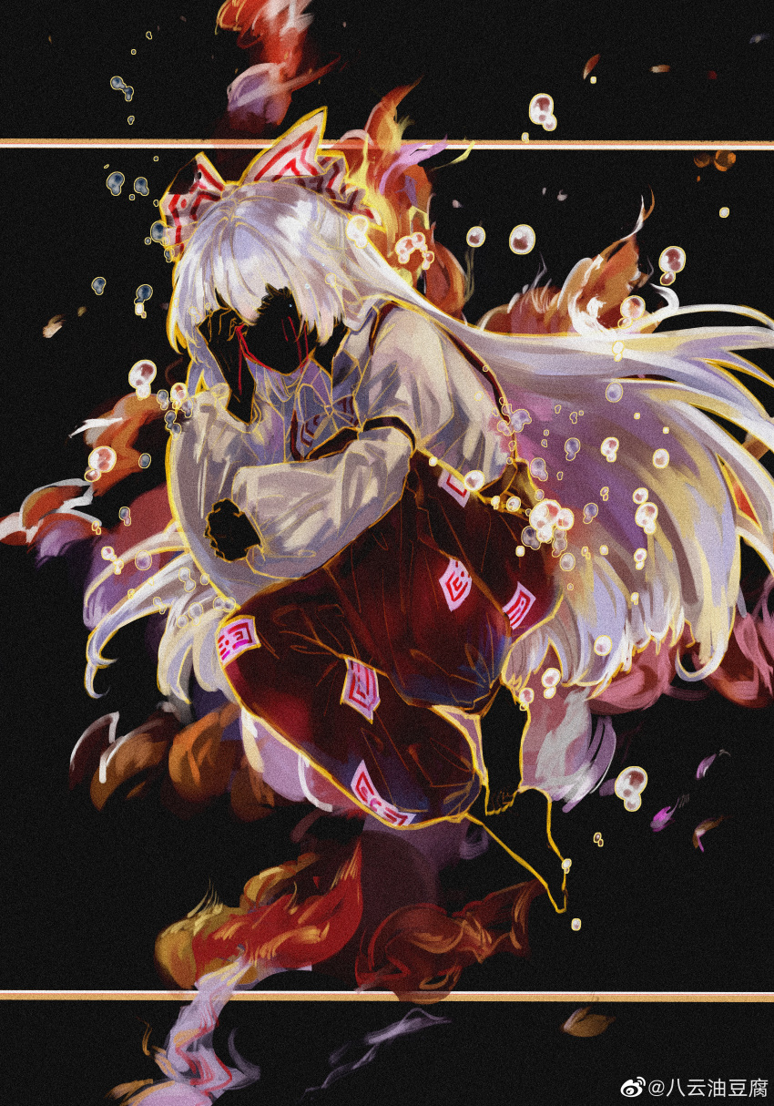 1girl, absurdres, barefoot, blood, bow, bubble, chinese_commentary, commentary_request, faceless, faceless_female, fire, floating_hair, fujiwara_no_mokou, full_body, hair_bow, hand_on_forehead, highres, holding_own_arm, indis, juliet_sleeves, long_hair, long_sleeves, ofuda, ofuda_on_clothes, pants, puffy_sleeves, red_pants, shirt, solo, suspenders, touhou, very_long_hair, weibo_logo, weibo_username, white_bow, white_hair, white_shirt