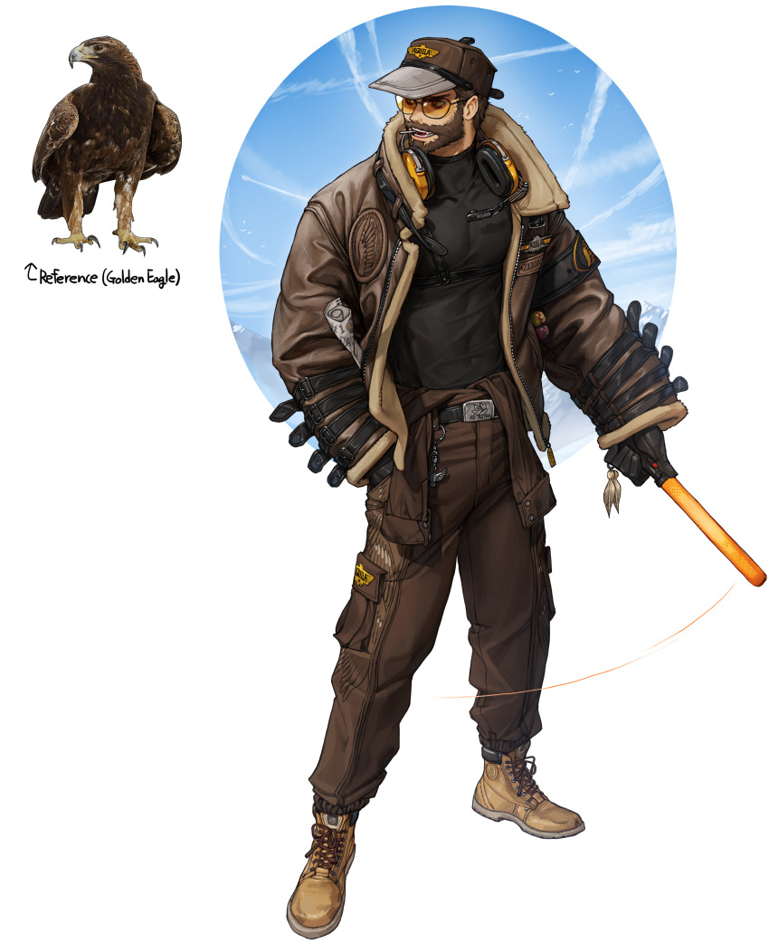 1boy, absurdres, black_gloves, black_shirt, brown_footwear, brown_headwear, brown_jacket, brown_pants