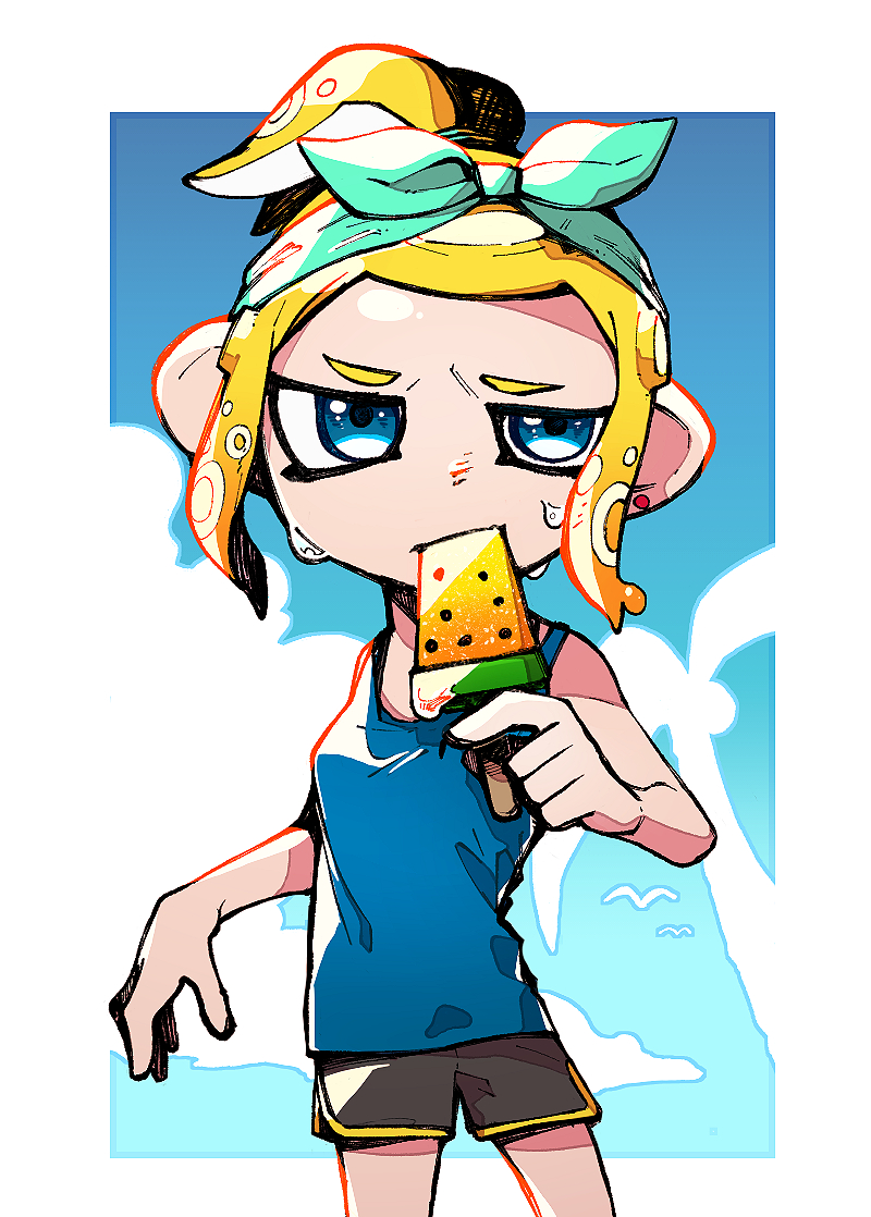 1girl, aqua_bandana, bandana, bare_arms, bare_shoulders, black_shorts, blonde_hair, blue_eyes