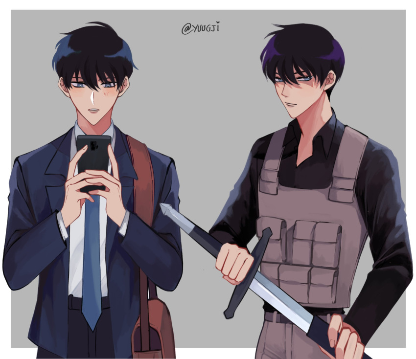 1boy, bag, black_hair, black_pants, black_skirt, blue_eyes, blue_jacket, blue_necktie, border, brown_bag, closed_mouth, collared_shirt, commentary, dok-ja_kim, drawing_sword, grey_background, highres, holding, holding_phone, holding_sword, holding_weapon, jacket, long_sleeves, looking_at_phone, looking_at_viewer, male_focus, necktie, omniscient_reader's_viewpoint, open_clothes, open_jacket, pants, parted_lips, phone, sheath, shirt, short_hair, shoulder_bag, simple_background, skirt, standing, suit_jacket, sword, unsheathing, weapon, white_border, yuugji