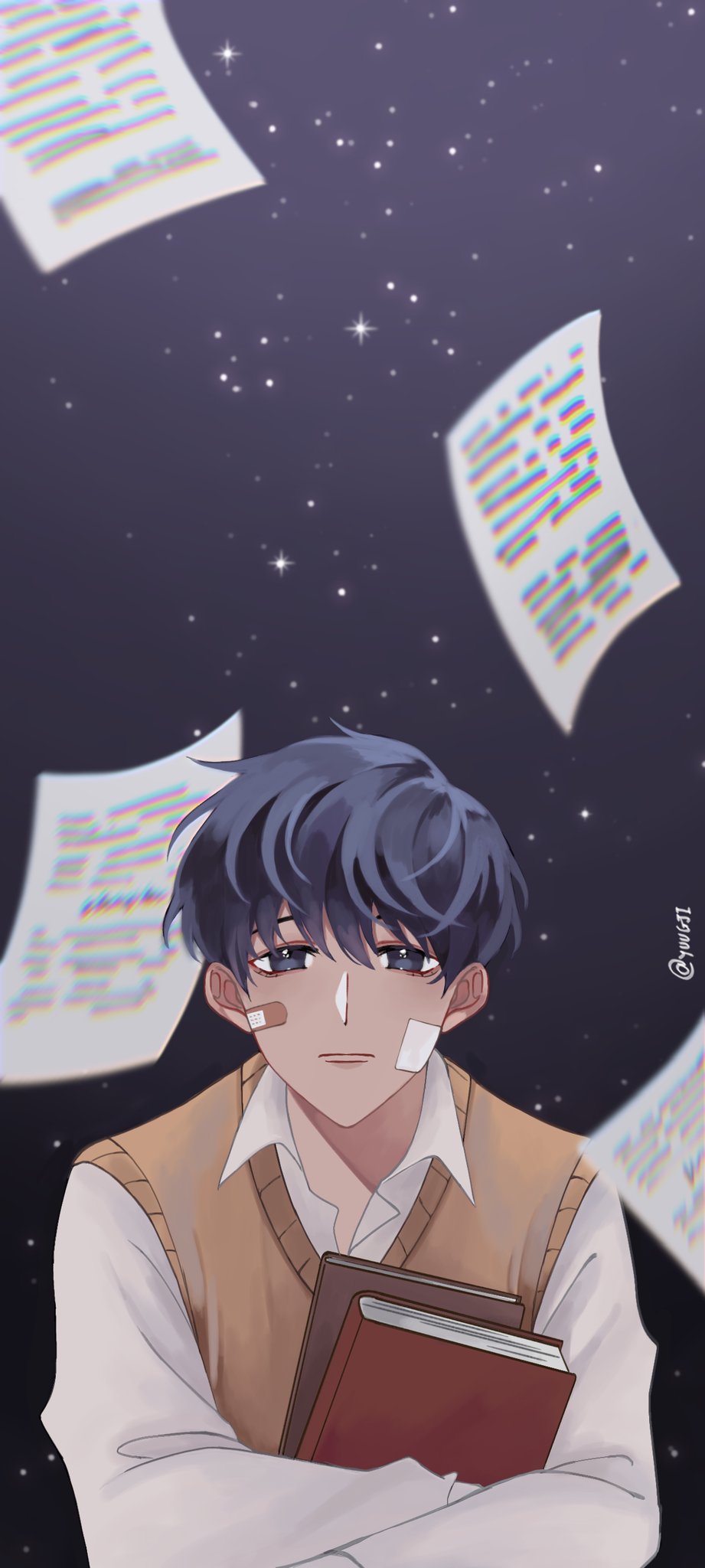 1boy, bandaid, bandaid_on_cheek, bandaid_on_face, black_eyes, black_hair, book, brown_vest