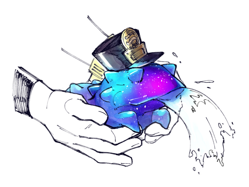 1other, agent_8_(splatoon), black_headwear, c.q._cumber_(splatoon), hat, highres, holding, inari1369, meme, puffer_fish_vomiting_water_(meme), sea_cucumber, simple_background, splatoon_(series), splatoon_2, splatoon_2:_octo_expansion, squidbeak_splatoon, water, white_background