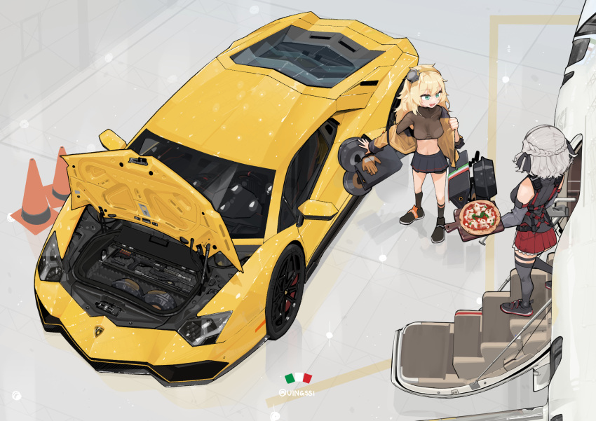 2girls, aircraft, airplane, bangs, black_footwear, black_ribbon, black_skirt, black_socks, black_thighhighs, blonde_hair, braid, breasts, brown_gloves, car, dongdong_(0206qwerty), food, girls_frontline, gloves, green_eyes, ground_vehicle, hair_ribbon, hangar, harness, highres, holding, holding_food, holding_pizza, indoors, italian_flag, jacket, lamborghini, lamborghini_aventador, load_bearing_equipment, long_hair, medium_breasts, medium_hair, messy_hair, motor_vehicle, multiple_girls, navel, pizza, red_skirt, ribbon, s.a.t.8_(girls'_frontline), shoes, sidelocks, skirt, socks, spas-12_(girls'_frontline), sports_car, stairs, thigh-highs, traffic_cone, vehicle_focus, wavy_hair, white_hair