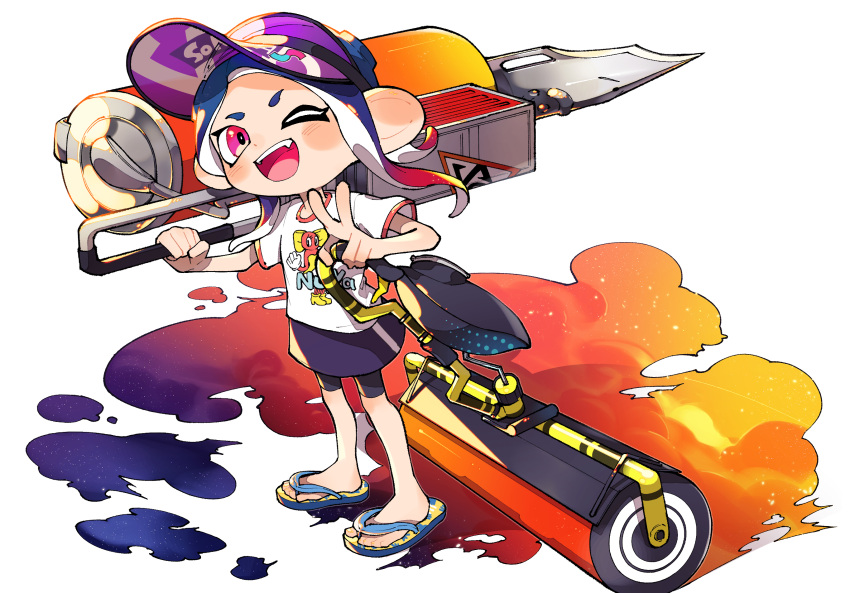 1girl, ;d, bike_shorts_under_skirt, black_shorts, blue_hair, dark_blue_hair, fang, flingza_roller_(splatoon)