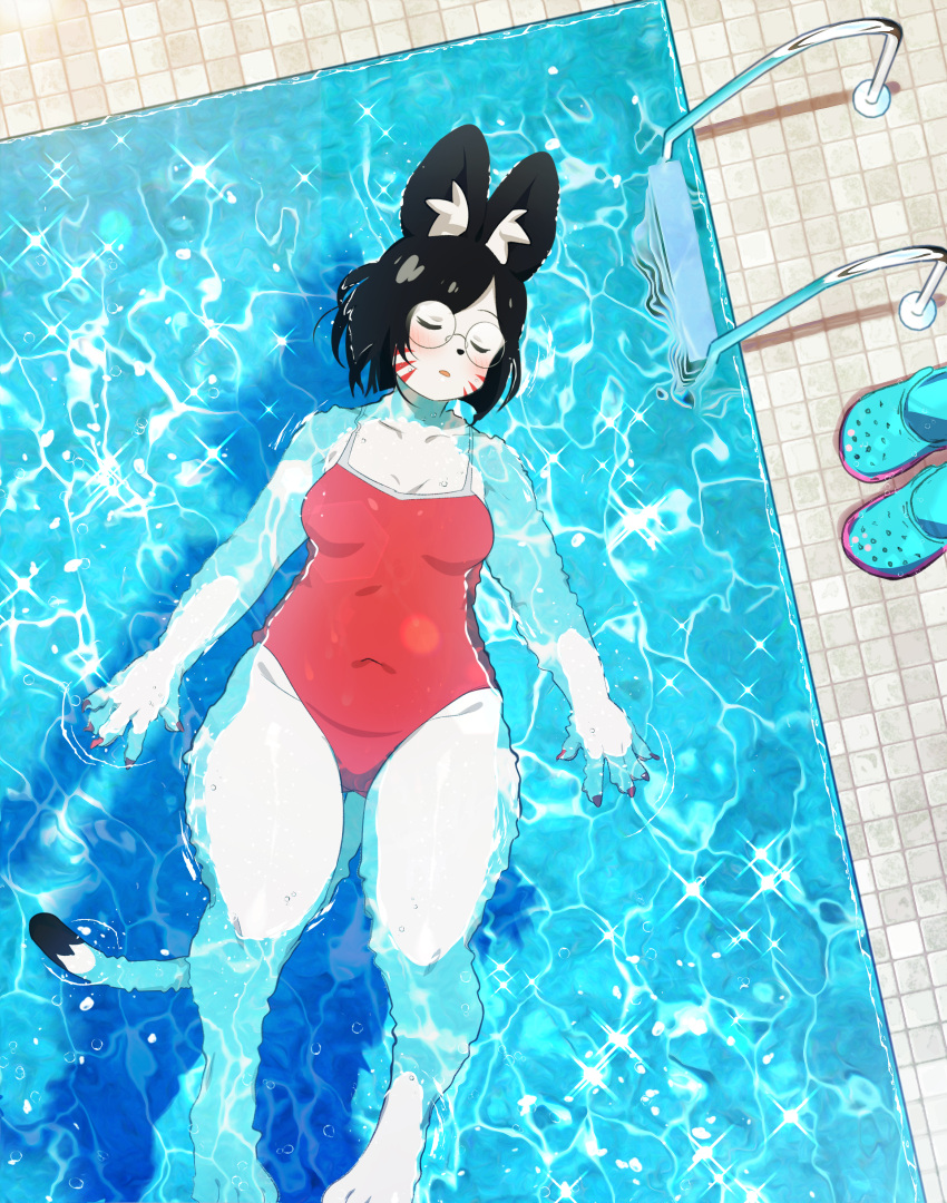 1girl, absurdres, animal_ears, animal_hands, cat_ears, closed_eyes, crocs, from_above