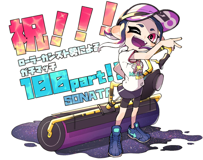 1girl, ;d, blue_footwear, blue_hair, colored_tongue, dark_blue_hair, full_body, gradient_hair