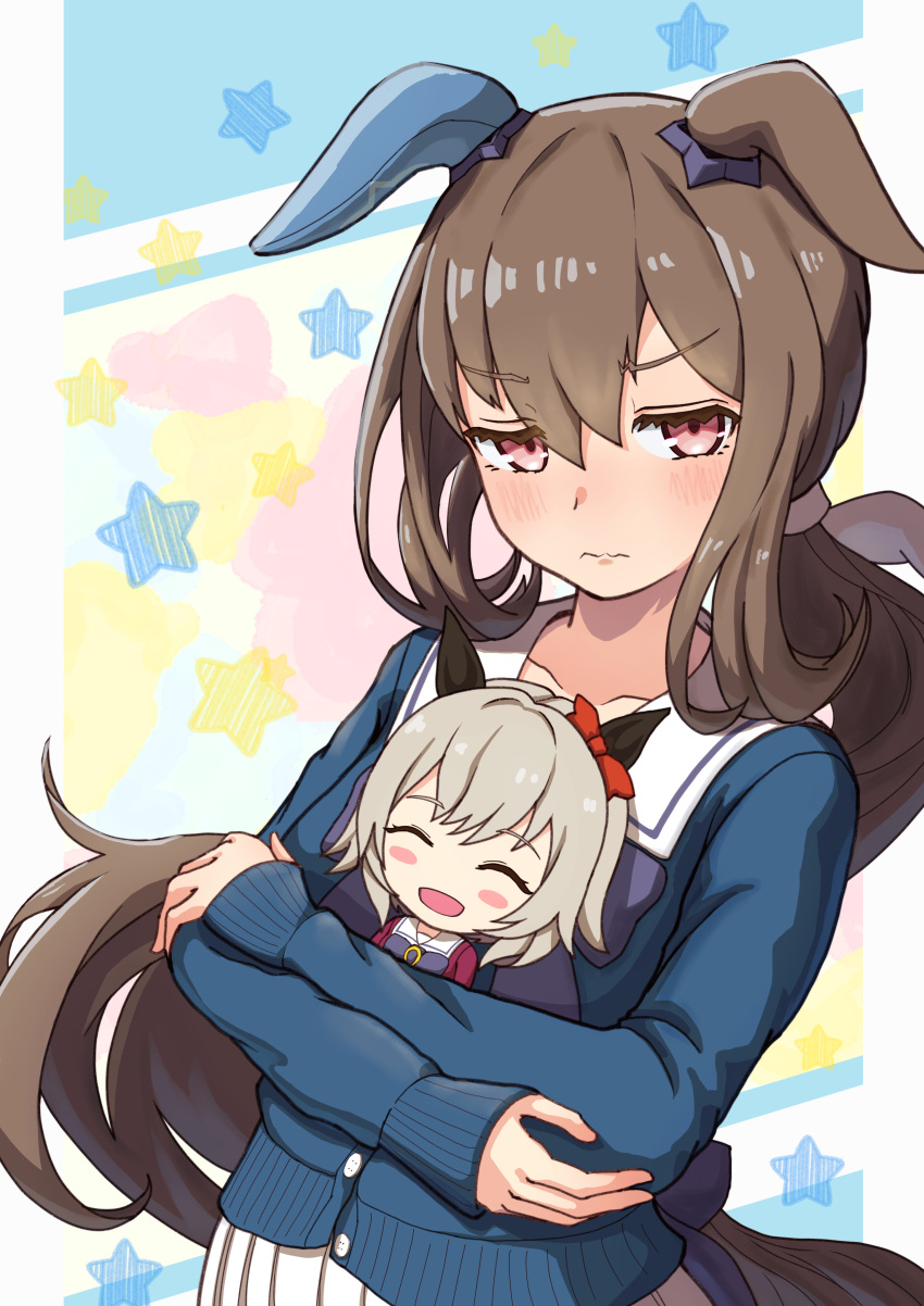1girl, absurdres, admire_vega_(umamusume), agepan._(pangcha3324), animal_ears, blue_cardigan, blush, brown_hair