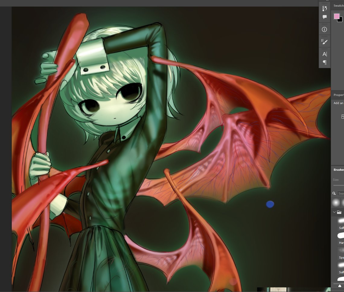 blank_eyes, blank_stare, collared_dress, demon_wings, dress, green_dress, grintasia, holding