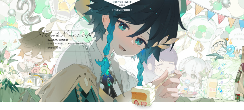>_<, 2022, 2boys, 2girls, androgynous, artist_name, balloon, bangs, beret, birthday_cake, black_hair, blue_hair, bottle, bow, braid, brooch, brown_hair, cake, cake_slice, candle, closed_eyes, closed_mouth, collared_shirt, commentary_request, english_text, flower-shaped_pupils, food, fork, gem, genshin_impact, gradient_hair, green_eyes, green_headwear, happy_birthday, hat, highres, holding, holding_fork, jewelry, looking_at_viewer, male_focus, mole, mole_under_eye, multicolored_hair, multiple_boys, multiple_girls, nahida_(genshin_impact), open_mouth, orange_hair, ponytail, purple_hair, shirt, short_hair_with_long_locks, side_braids, sidelocks, slime_(genshin_impact), smile, solo_focus, swiss_roll, symbol-shaped_pupils, translation_request, twin_braids, twitter_username, venti_(genshin_impact), white_hair, white_shirt, windporo, wine_bottle, zhongli_(genshin_impact)