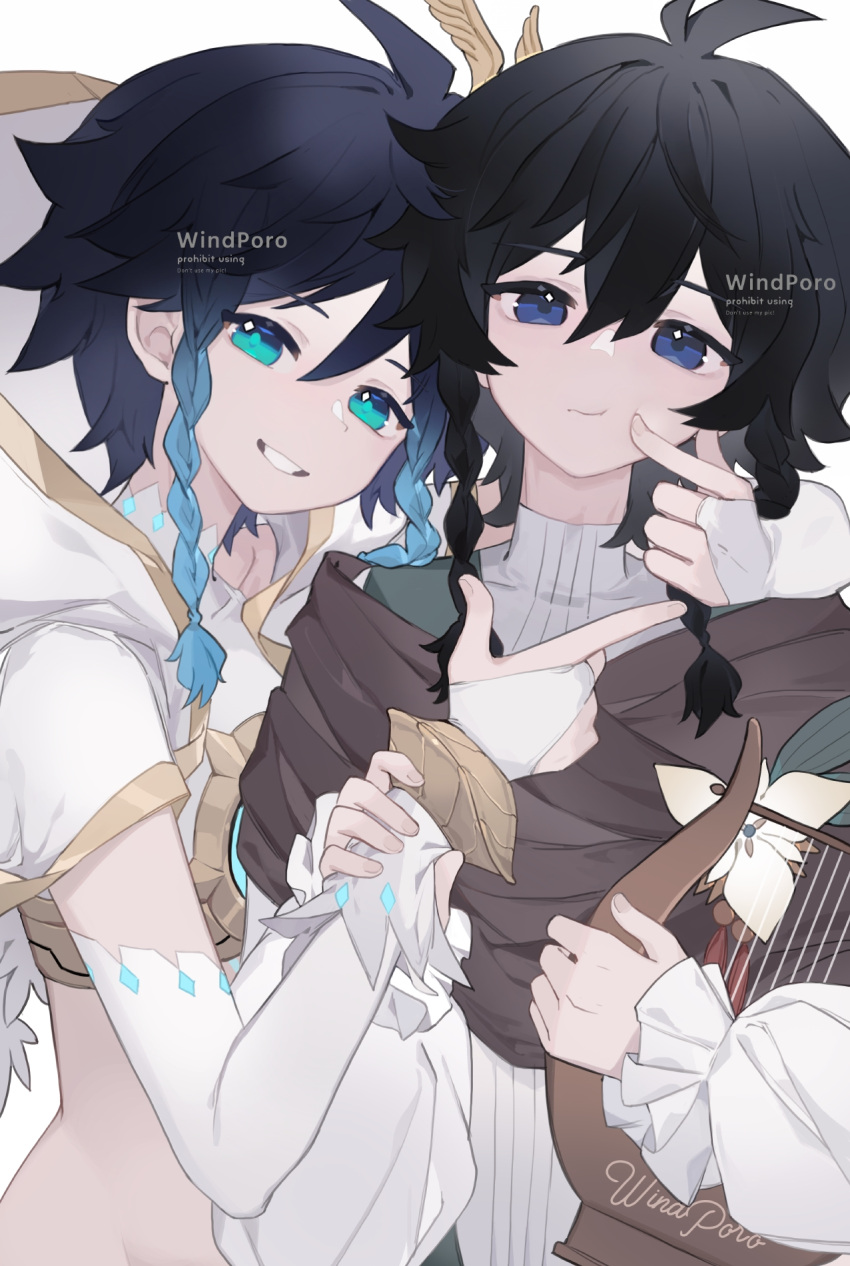 2boys, androgynous, artist_name, bangs, black_hair, blue_eyes, blue_hair, braid