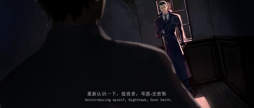 2boys, black_coat, black_gloves, black_hair, black_necktie, black_pants, chinese_text, coat