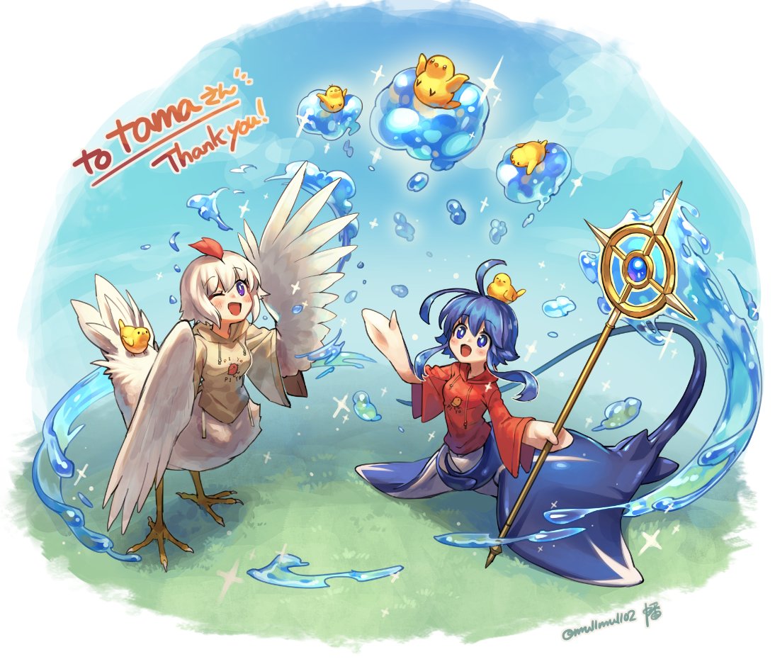 2girls, ahoge, animal, animal_on_head, arm_up, artist_name, bird, bird_girl