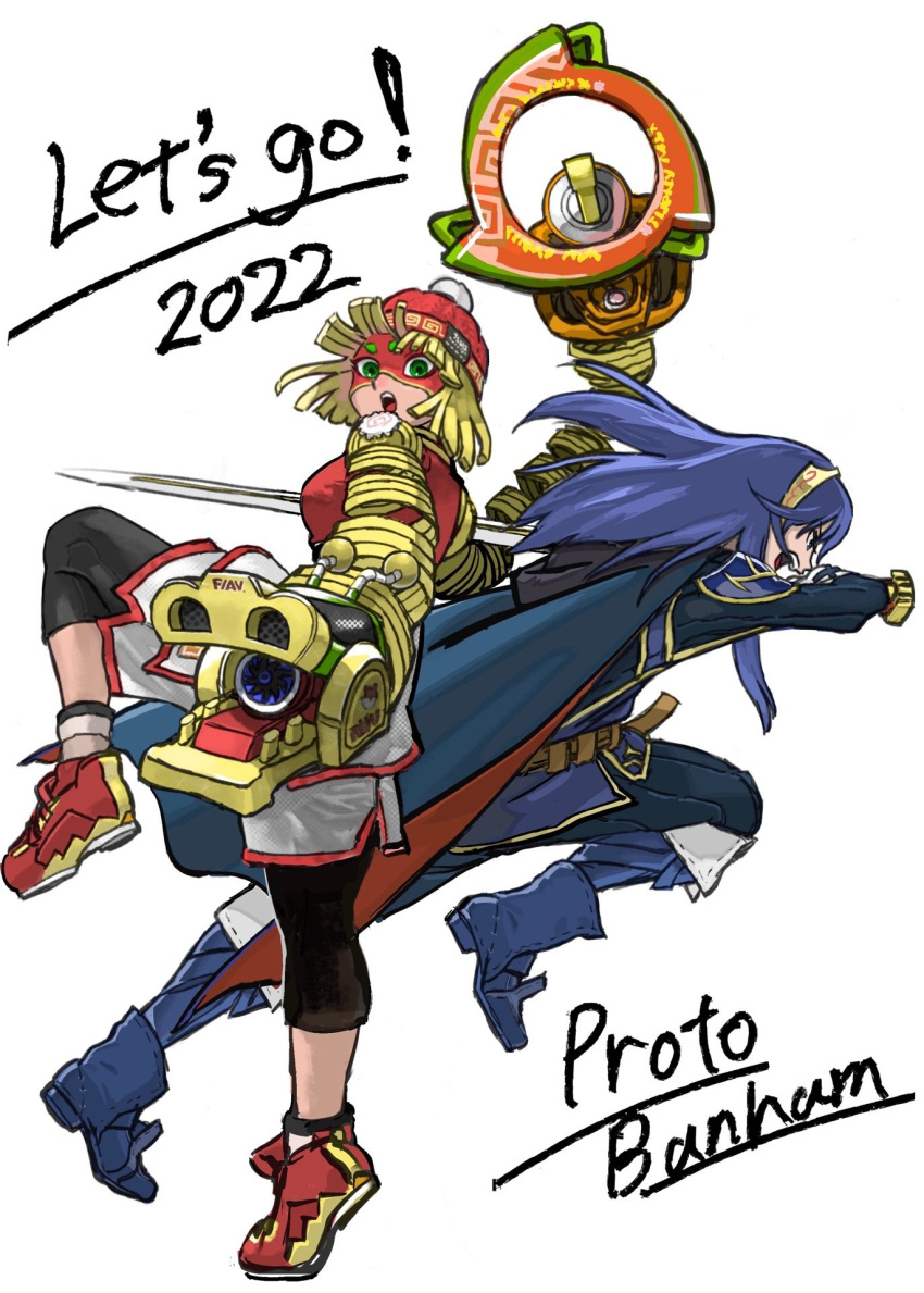 2girls, arms_(game), back-to-back, beanie, blonde_hair, blue_eyes, blue_hair, cape