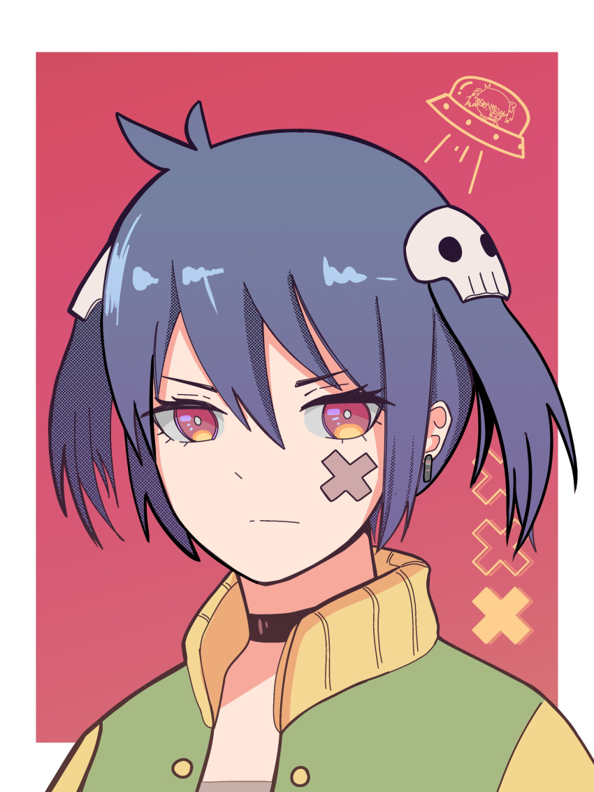 1girl, absurdres, bandaid, black_choker, blue_hair, braid, choker, closed_mouth