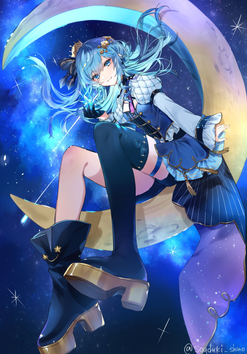 1girl, arm_support, black_footwear, black_gloves, black_ribbon, blue_dress, blue_eyes, blue_hair