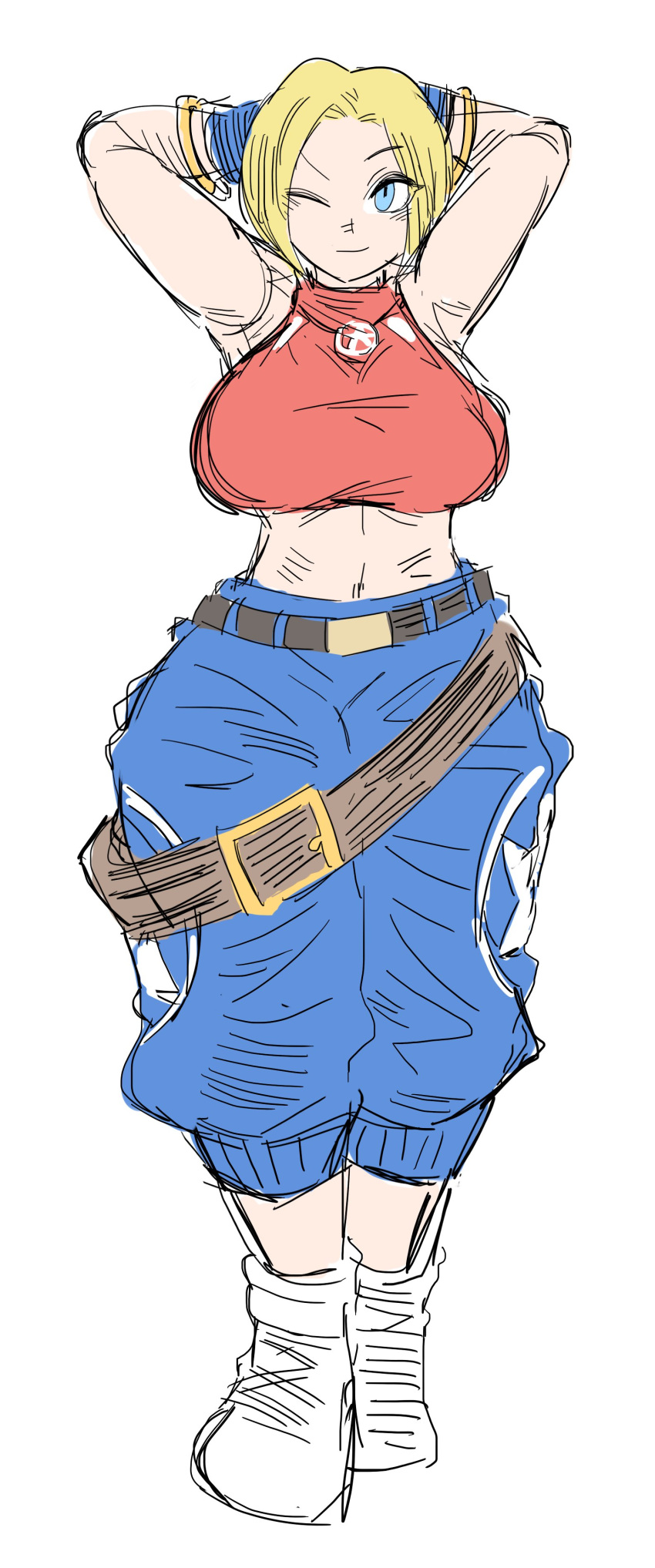 1girl, absurdres, armpits, bamman, belly, belt, blonde_hair, blue_eyes
