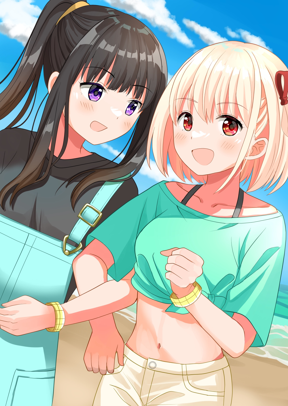 2girls, aqua_shirt, black_hair, black_shirt, blonde_hair, blush, bracelet, commentary_request