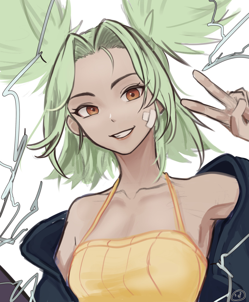 1girl, absurdres, bandaid, bandaid_on_cheek, bandaid_on_face, bangs, bare_shoulders, black_jacket, breasts, cel_da_lin, collarbone, green_hair, grin, hand_up, highres, jacket, league_of_legends, looking_at_viewer, medium_breasts, open_clothes, open_jacket, parted_bangs, simple_background, smile, solo, teeth, upper_body, v, white_background, zeri_(league_of_legends)