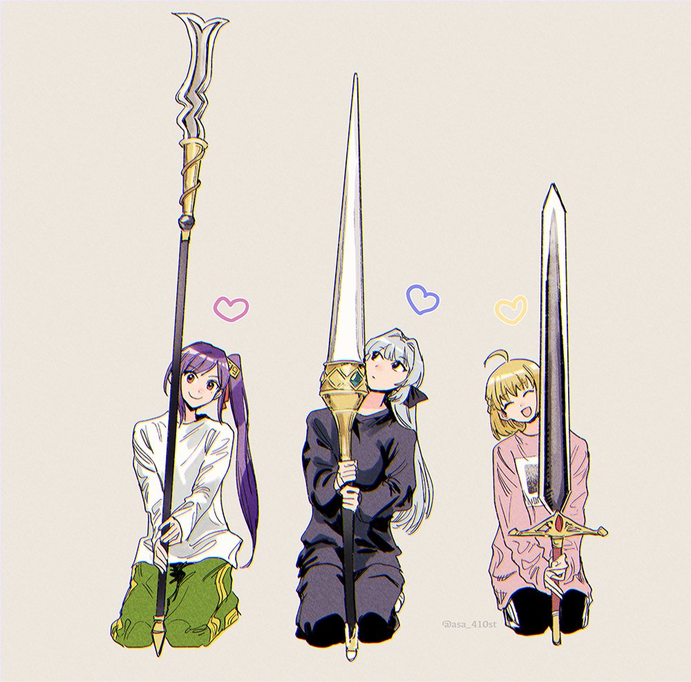3girls, :d, ^_^, ahoge, asa_(asa_410st), bangs, black_eyes, black_pants