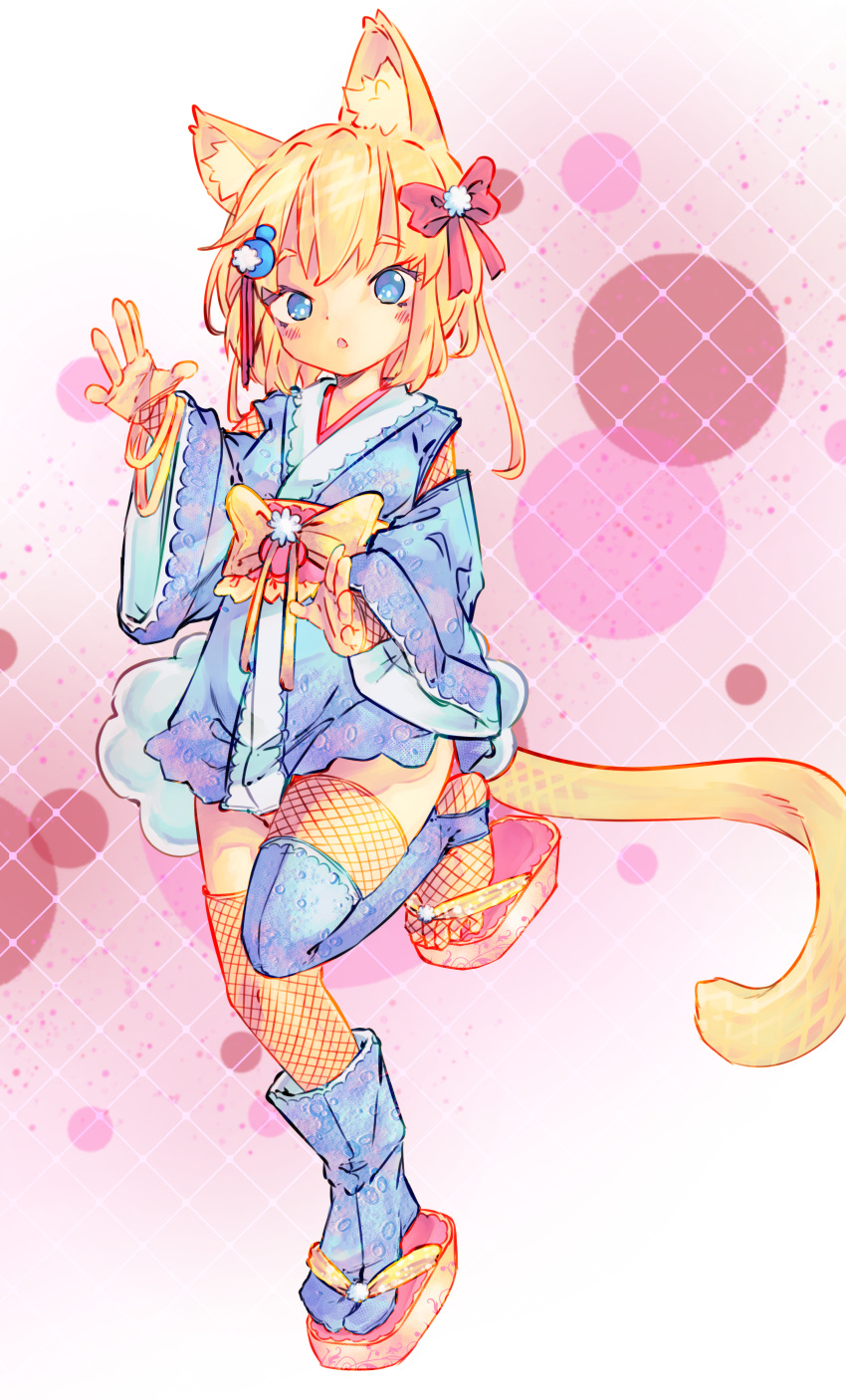 1girl, absurdres, animal_ears, blonde_hair, blue_eyes, blue_kimono, bow, cat_ears