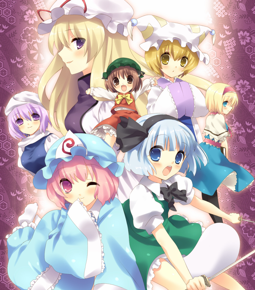 blonde_hair, blue_eyes, blue_hair, brown_eyes, brown_hair, chen, hat, highres