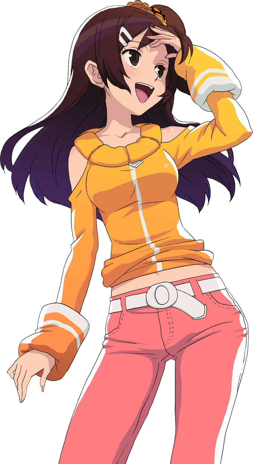 1girl, absurdres, bare_shoulders, belt, brown_hair, contrapposto, cowboy_shot, hair_ornament