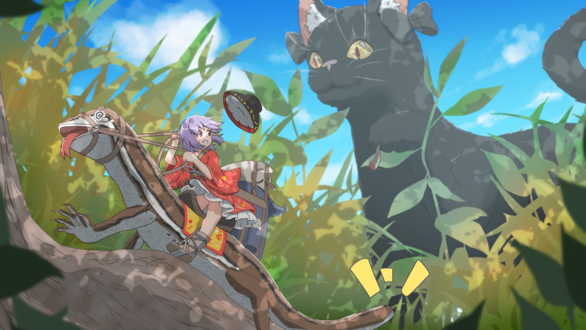1girl, @_@, black_cat, blue_sky, bowl, bowl_hat, cat, clenched_teeth