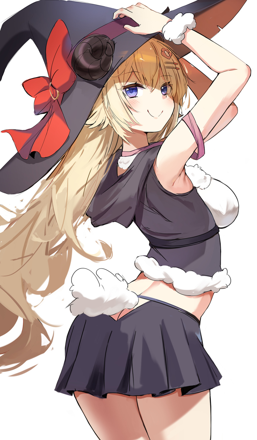 1girl, :>, arms_up, ass, bangs, blonde_hair, blush, breasts