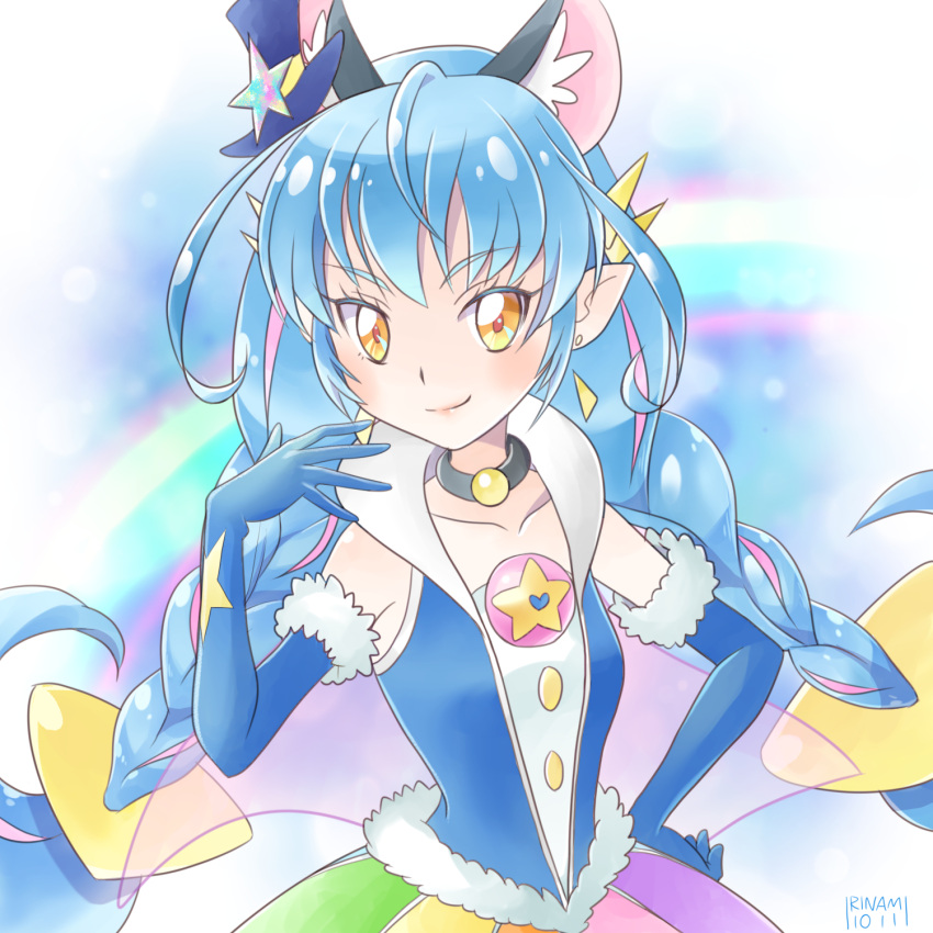 1girl, animal_ears, blue_gloves, blue_shirt, braid, cat_ears, choker, collarbone