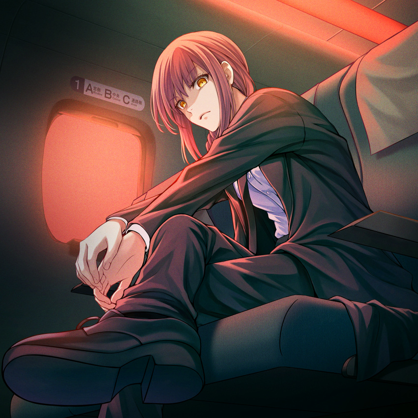 1girl, airplane_interior, black_necktie, black_pants, braid, braided_ponytail, business_suit, chainsaw_man, closed_mouth, collared_shirt, crossed_legs, formal, highres, indoors, long_coat, looking_at_viewer, makima_(chainsaw_man), moruo_(mo_mr3), necktie, office_lady, pants, redhead, ringed_eyes, seat, shirt, sitting, solo, suit, window, yellow_eyes
