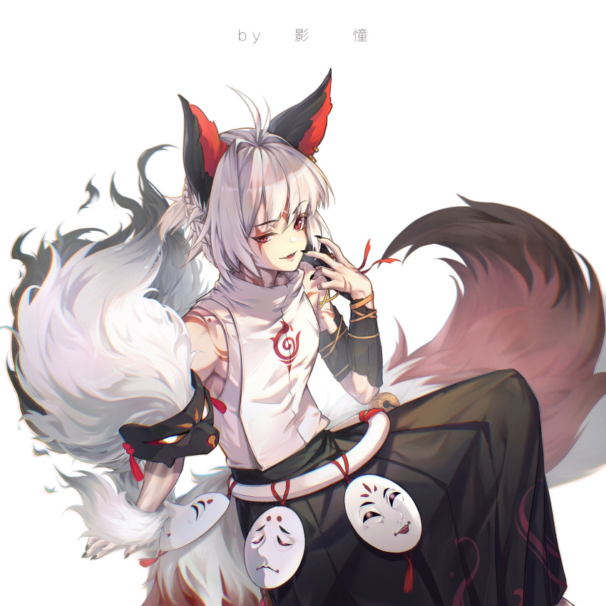 1boy, :d, absurdres, ahoge, animal_ears, armband, artist_name, bare_shoulders