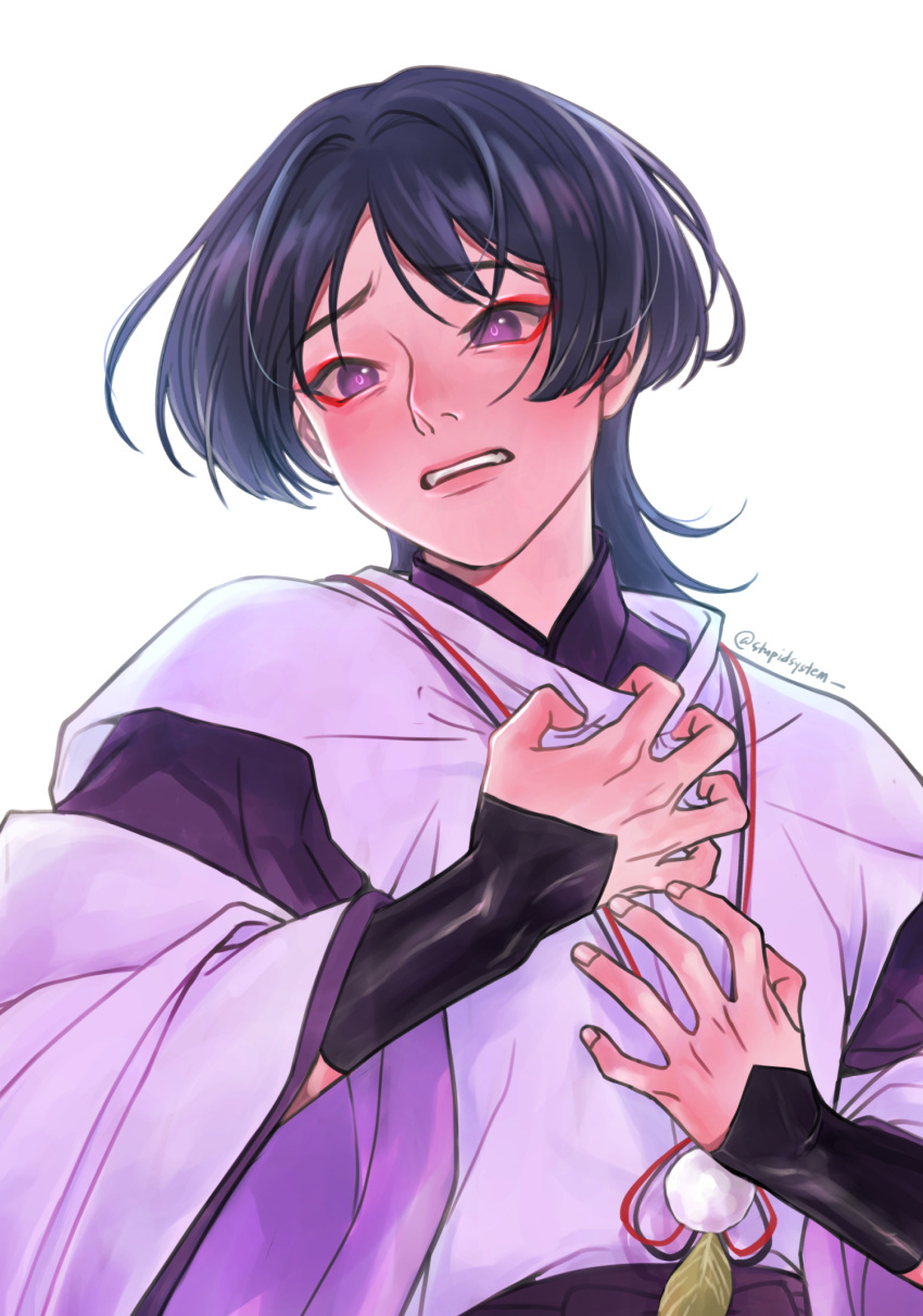 1boy, arm_armor, artist_name, bangs, blue_bow, blue_eyes, blush, bow, closed_mouth, detached_sleeves, english_commentary, fang, fangs, fingernails, genshin_impact, hands_on_own_chest, hands_up, highres, long_sleeves, looking_to_the_side, luxi_(stupidsystem), mandarin_collar, pom_pom_(clothes), purple_shirt, purple_vest, red_bow, scaramouche_(genshin_impact), shirt, short_hair, simple_background, solo, teeth, vest, violet_eyes, white_background, wide_sleeves