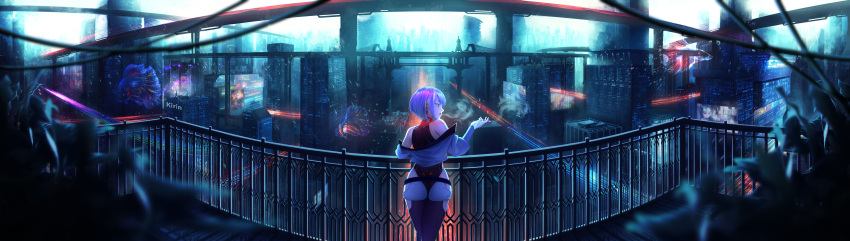1girl, absurdres, artificial_eye, ass, black_bodysuit, blue_eyes, bodysuit, building