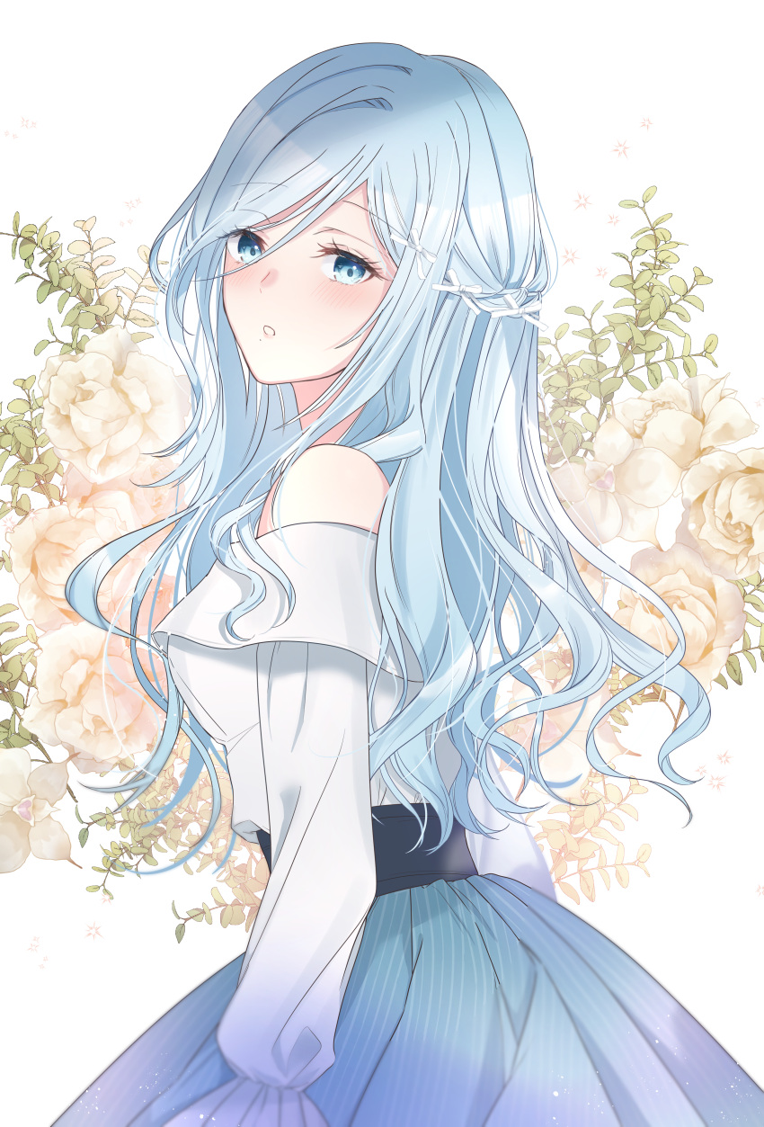 1girl, absurdres, bangs, blue_eyes, blue_hair, blue_skirt, blush, flower