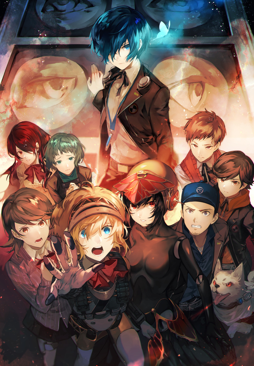 4boys, 5girls, aegis_(persona), amada_ken, aqua_hair, black_hair, black_ribbon, blonde_hair, blue_eyes, blue_hair, blue_headwear, bow, bowtie, brown_eyes, brown_hair, clenched_teeth, collared_shirt, dog, dress_shirt, hair_over_one_eye, highres, iori_junpei, kirijou_mitsuru, koromaru_(persona), long_hair, lor_(roasyerizyonirapi), metis_(persona), multiple_boys, multiple_girls, neck_ribbon, open_mouth, parted_lips, persona, persona_3, pink_shirt, red_bow, red_bowtie, red_eyes, red_sweater, redhead, ribbon, sanada_akihiko, shirt, short_hair, striped, striped_shirt, sweater, sweater_vest, takeba_yukari, teeth, vertical-striped_shirt, vertical_stripes, white_shirt, wing_collar, yamagishi_fuuka, yuuki_makoto