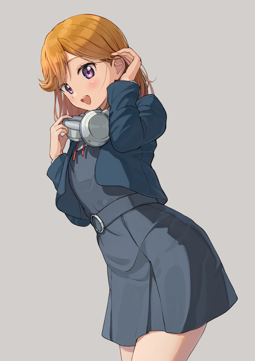 1girl, :d, absurdres, adjusting_hair, blue_jacket, blush, brown_hair, cowboy_shot