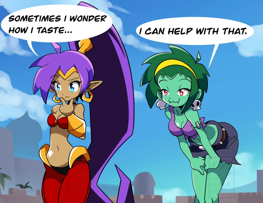 2girls, blue_eyes, bracelet, collar, colored_skin, datwondoude, earrings, green_hair, green_skin, highres, jewelry, midriff, multiple_girls, pointy_ears, ponytail, purple_hair, red_eyes, rottytops, shantae, shantae_(series)