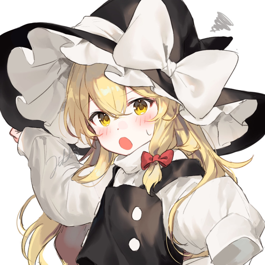 1girl, :o, age_regression, aged_down, black_headwear, blonde_hair, blush, bow, hat, hat_bow, highres, jill_07km, kirisame_marisa, long_hair, long_sleeves, looking_at_viewer, open_mouth, simple_background, solo, touhou, vest, white_background, white_bow, witch_hat, yellow_eyes