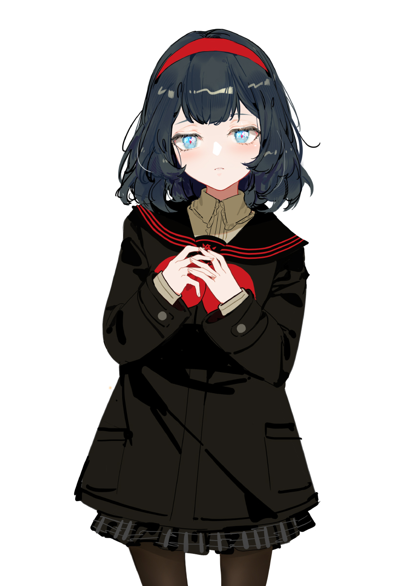 1girl, bangs, black_coat, black_hair, black_pantyhose, black_skirt, black_theme, blue_eyes