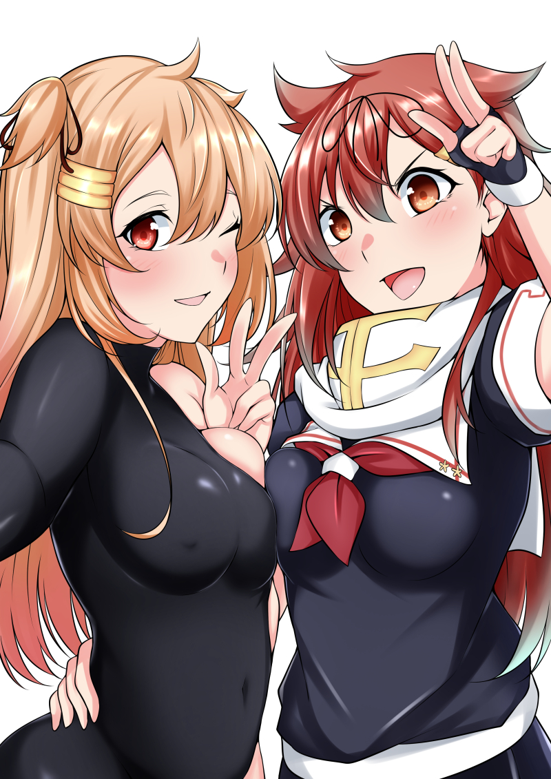 2girls, asymmetrical_clothes, black_serafuku, black_skirt, brown_eyes, brown_hair, commentary_request, cosplay