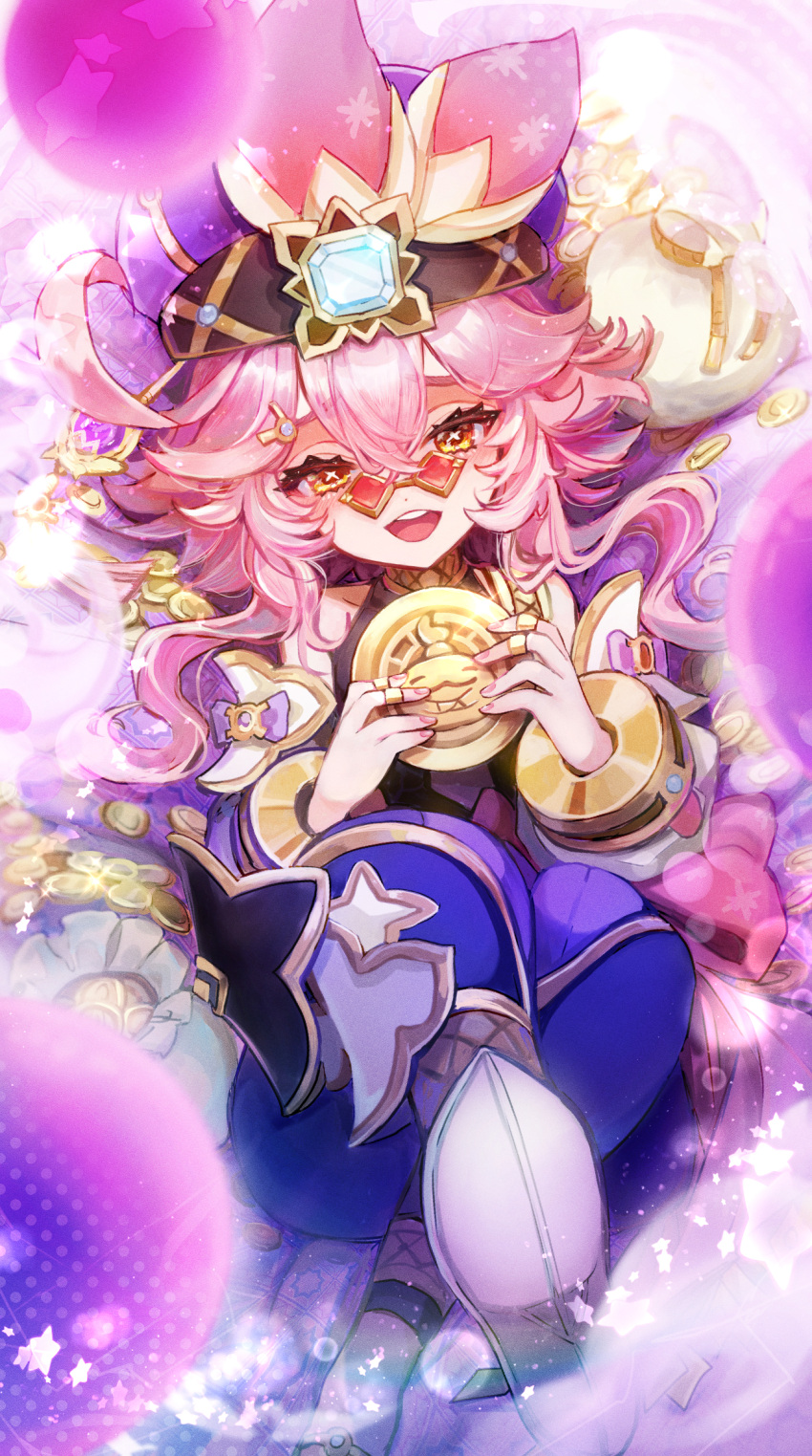 1girl, :d, ahoge, bangs, black_shirt, blue_gemstone, blurry, bow, bright_pupils, coin, commentary_request, crossed_legs, depth_of_field, detached_sleeves, dori_(genshin_impact), fingernails, from_above, gem, genshin_impact, gold_coin, hair_between_eyes, hair_ornament, hairclip, hat, hat_ornament, highres, holding, holding_coin, jewelry, long_sleeves, looking_at_viewer, looking_over_eyewear, lying, mora_(genshin_impact), multiple_rings, on_back, open_mouth, orange_eyes, pants, pince-nez, pink_bow, pink_hair, purple_bow, purple_headwear, purple_pants, red-tinted_eyewear, ring, rope, round_teeth, sack, shiny, shiny_hair, shirt, short_hair_with_long_locks, sidelocks, sleeveless, sleeveless_shirt, smile, solo, star_(symbol), sunglasses, symbol-shaped_pupils, tapi, tassel, teeth, tinted_eyewear, upper_teeth, vision_(genshin_impact), x-shaped_pupils