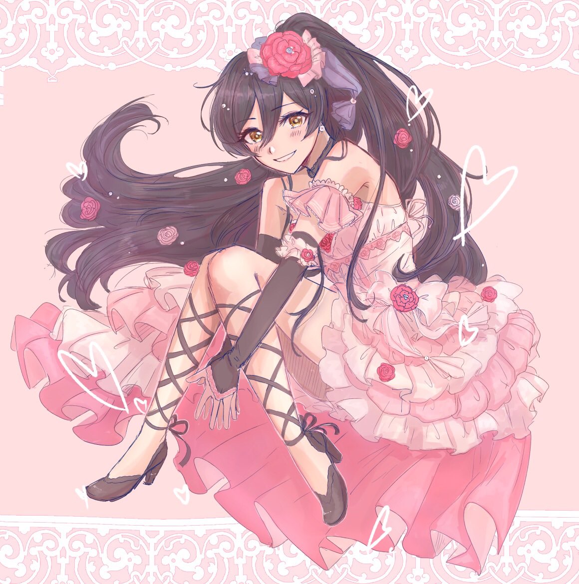 1girl, dress, elbow_gloves, fingerless_gloves, flower, frills, futomayugorou, gloves, grin, hair_flower, hair_ornament, heart, high_heels, hugging_own_legs, idolmaster, idolmaster_shiny_colors, long_hair, looking_at_viewer, own_hands_together, pink_background, pink_dress, ponytail, rose, shirase_sakuya, smile, very_long_hair, yellow_eyes