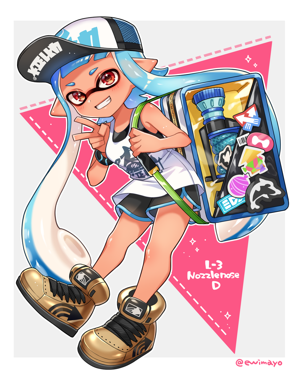 1girl, backpack, bag, baseball_cap, black_headwear, black_shorts, blue_hair, bracelet, brown_footwear, commentary_request, cross-laced_footwear, dolphin_shorts, full_body, grin, hat, highres, inkling, inkling_(language), jewelry, l-3_nozzlenose_(splatoon), leaning_forward, long_hair, looking_at_viewer, pointy_ears, print_shirt, red_eyes, shina_shina, shirt, shoes, shorts, smile, sneakers, solo, splatoon_(series), splatoon_2, standing, tan, tank_top, tentacle_hair, very_long_hair, white_shirt, white_tank_top