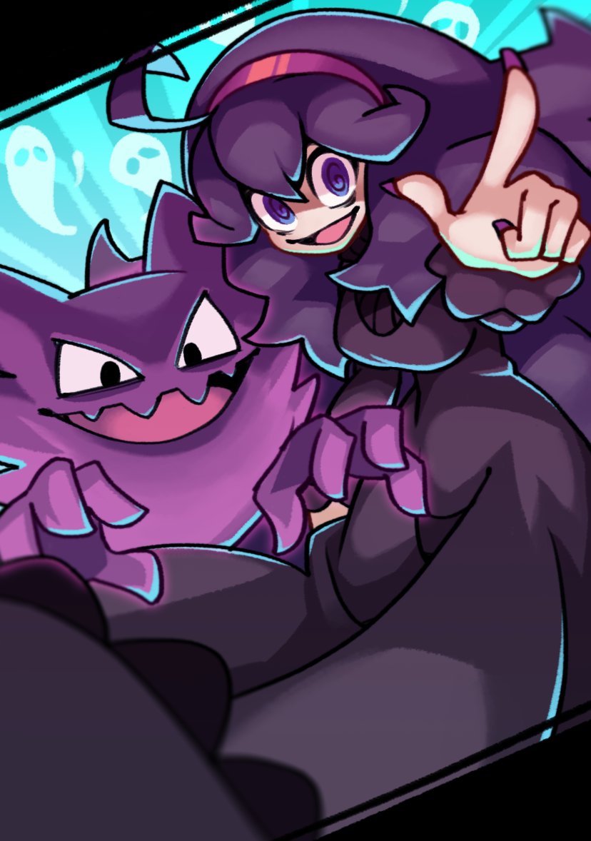 1girl, :d, @_@, ahoge, bangs, commentary, dress, hairband, haunter, hex_maniac_(pokemon), kurt_robinson, long_hair, long_sleeves, looking_at_viewer, nail_polish, open_mouth, pointing, pokemon, pokemon_(creature), pokemon_(game), pokemon_xy, purple_hair, purple_hairband, purple_nails, smile, tongue
