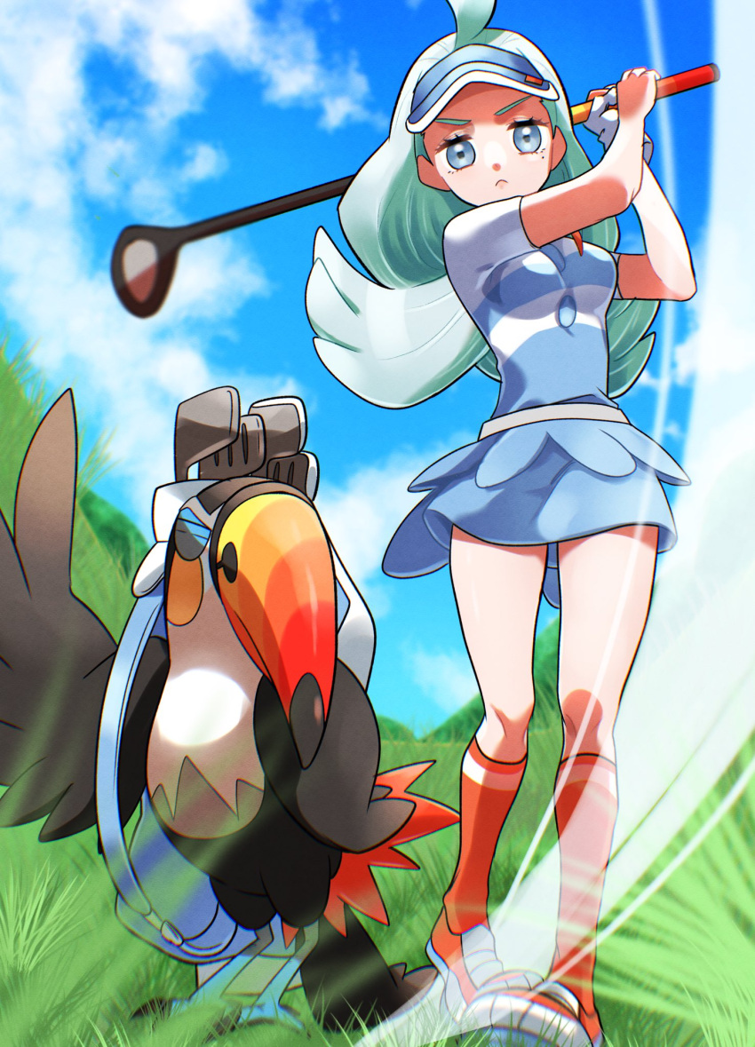 1girl, ahoge, aria_pkmn, blurry, breasts, closed_mouth, clouds, commentary_request