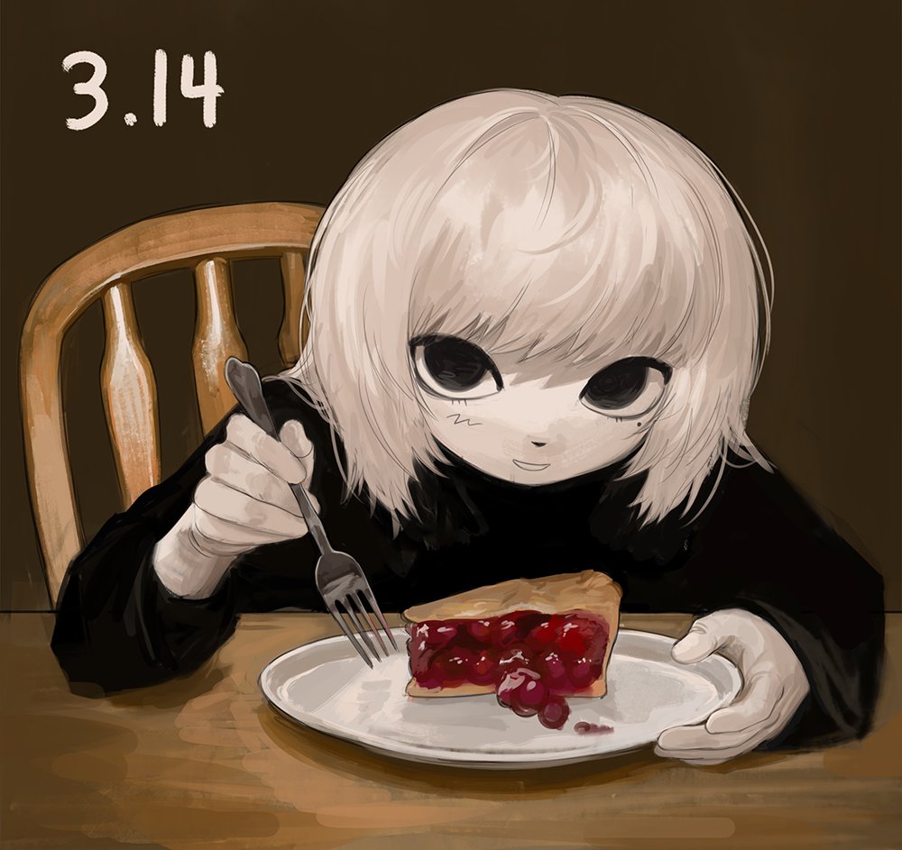 black_eyes, black_sweater, eating, food, fork, grintasia, holding, holding_fork