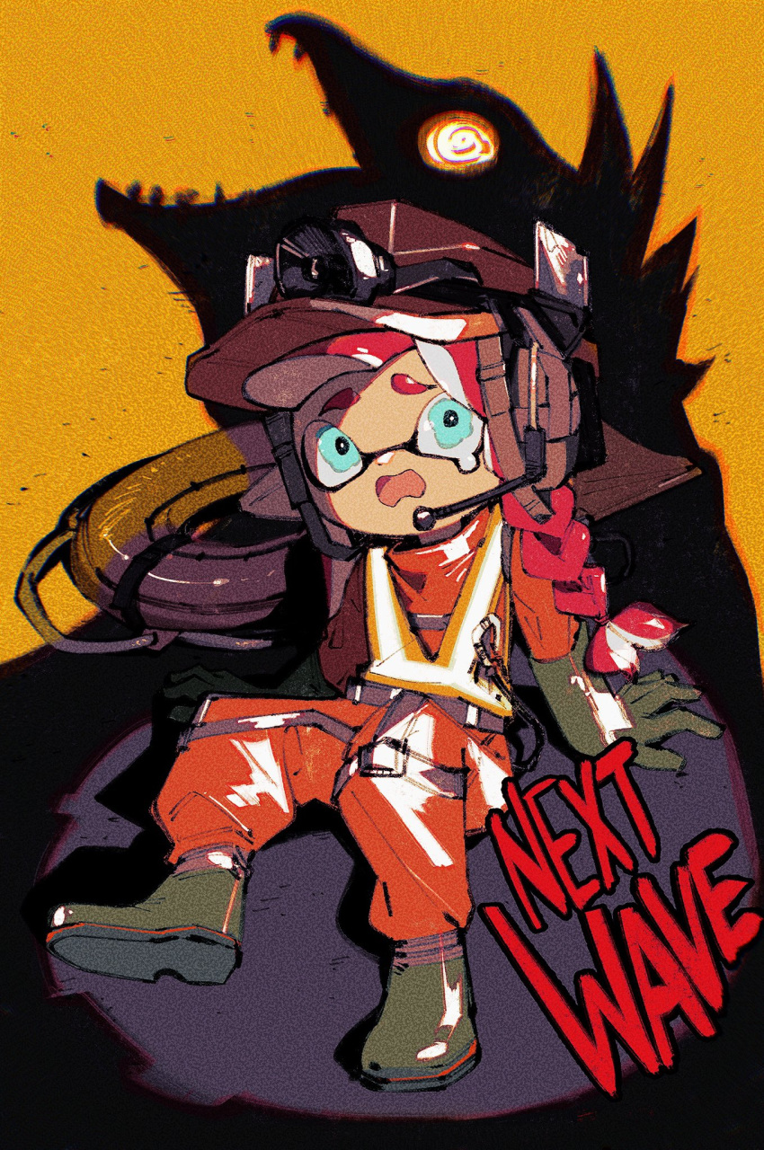 1girl, arms_behind_back, asymmetrical_hair, blue_eyes, boots, braid, cohozuna, duct_tape, gloves, green_footwear, green_gloves, hardhat, headphones, helmet, high-visibility_vest, highres, inari1369, inkling, inkling_girl, lifebuoy, long_hair, microphone, open_mouth, orange_headwear, pointy_ears, redhead, rubber_boots, rubber_gloves, salmon_run, salmonid, scared, searchlight, sitting, splatoon_(series), splatoon_3, tentacle_hair, wavy_eyes