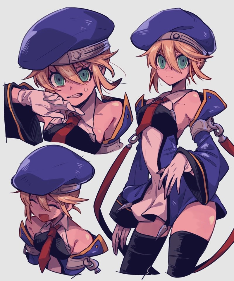 1girl, bare_shoulders, beret, black_thighhighs, blazblue, blonde_hair, blue_headwear, detached_sleeves, gloves, green_eyes, hat, long_sleeves, mako_gai, multiple_views, necktie, noel_vermillion, short_hair, skirt, solo, thigh-highs, thighs
