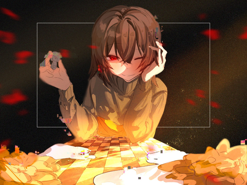 1girl, brown_hair, chara_(undertale), chess_piece, choco_rabbitt, flower, from_side, gold, green_shirt, highres, horizontal-striped_shirt, horizontal_stripes, light, looking_at_viewer, red_eyes, shirt, short_hair, smile, striped_shirt, undertale, yellow_stripe